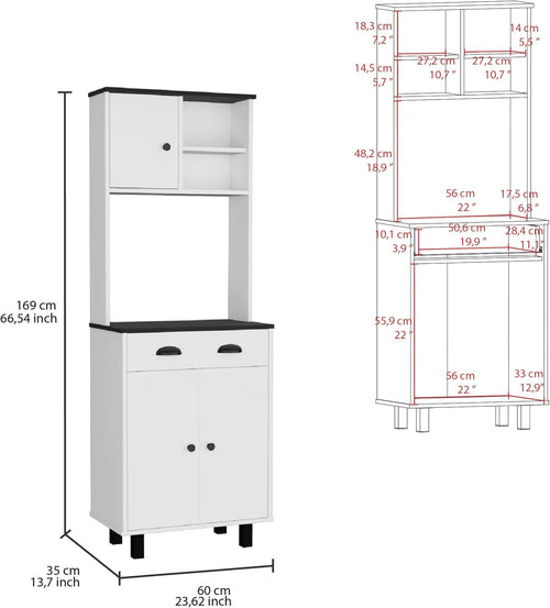 23.6"D*13.7"W*90"H Freestanding Storage Cabinet with Drawer & 2 Open Shelves, Top Single Door & Lower Double Door, Black Legs, Rectangular Kitchen Pantry, for Living Room, Dining Room, White