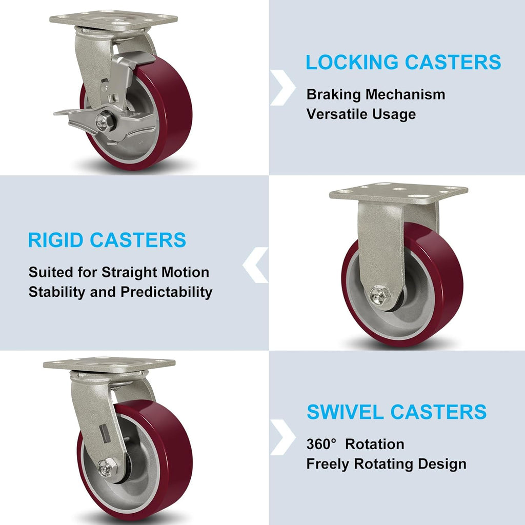 SY America 5" X 2" Casters Wheels,Heavy Duty Casters Set of 4，Polyurethane on Aluminum Wheels,2 Swivel 2 Swivel w/Top Lock Brake Casters,4400 LBS Load Capacity