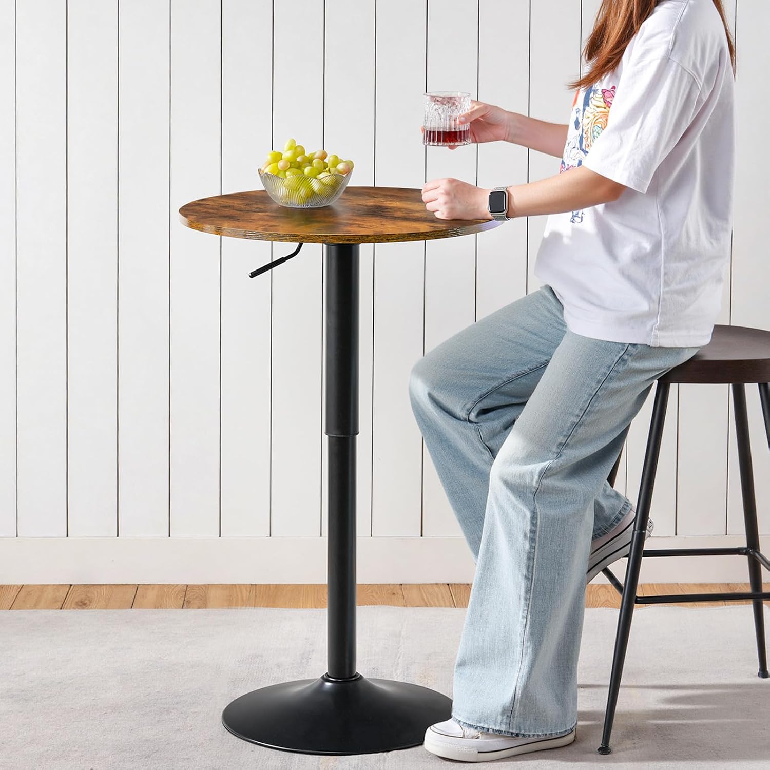HOOBRO 2 Pcs Bar Table, Height-Adjustable Round Pub Table 27-35.4 Inches with Sturdy Base, Modern Style, Easy to Assemble, Suitable for Small Space, Rustic Brown and Black BF58BTP201G1