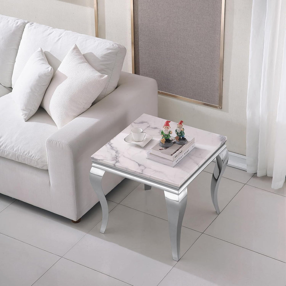 Marble End Table, Modern White Faux Marble Sofa Side Table with Silver Stainl...