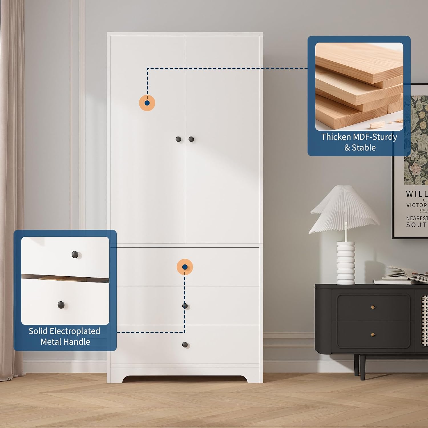 71" Armoire Wardrobe Closet, Bedroom Armoire Clothing Storage Cabinet | 3 Drawers & 2 Doors and Adjustable Shelves Modern Wooden with Aluminum Hanging Rod, Locker