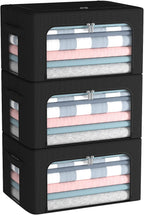 CYhom 3Pack Frame Storage Box - Clothes Storage Bin Bags Oxford Fabric Foldable Stackable Container Organizer Set with Clear Window & Carry Handles (Black, Small-22L)