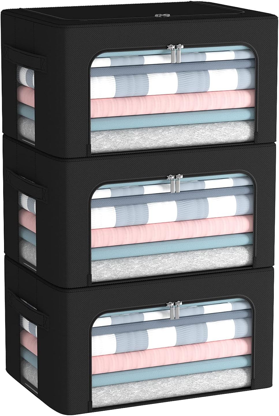 CYhom 3Pack Frame Storage Box - Clothes Storage Bin Bags Oxford Fabric Foldable Stackable Container Organizer Set with Clear Window & Carry Handles (Black, Small-22L)