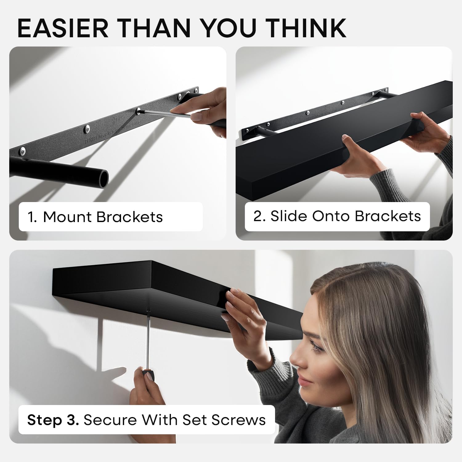Homeforia Black Floating Shelves 30 inches Long, High End Solid Real Wood 30 inch Floating Shelf for Wall Mounted, Black Wooden 30in Floating Shelves, Heavy Duty Bracket, 30 X 6.5 X 1.75 in, Set of 3
