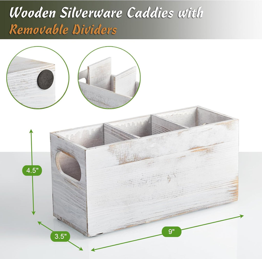 DRASTAR Wooden Silverware Caddy, Flatware Cutlery Holder, Silverware Organizer for Party, Kitchen Utensil Holder for Countertop, Retro White