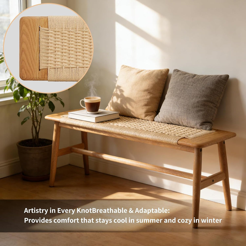 47 Inch Boho Dining Bench Solid Oak with Hand Woven Rattan - Skinny Narrow Be...