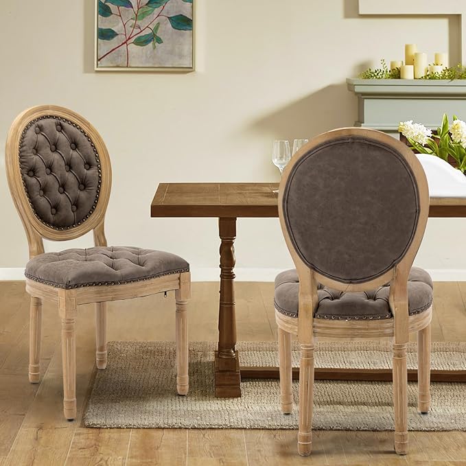 PU Leather Upholstered Dining Chairs Set of 2 French Country Round Back Kitchen Side Chairs with Nailhead Trim and Wood Legs for Dining Room, Kitchen, Restaurant(Brown)