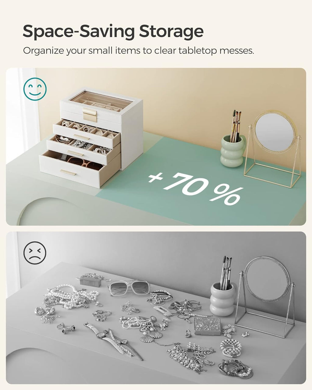SONGMICS Jewelry Box Organizer with Glass Lid, 4-Layer Jewelry Storage, with 3 Drawers, Modern Style, Christmas Gift, 6 x 9.9 x 8.5 Inches, Cloud White and Gold Color UJBC161W01
