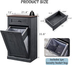Tilt Out Laundry Hamper Cabinet, 10 Gallon Farmhouse Trash Can Cabinet with Drawer, Hidden Wood Garbage Can Bin Cabinet with Laundry Storage Basket for Bathroom, Kitchen, Dark Grey