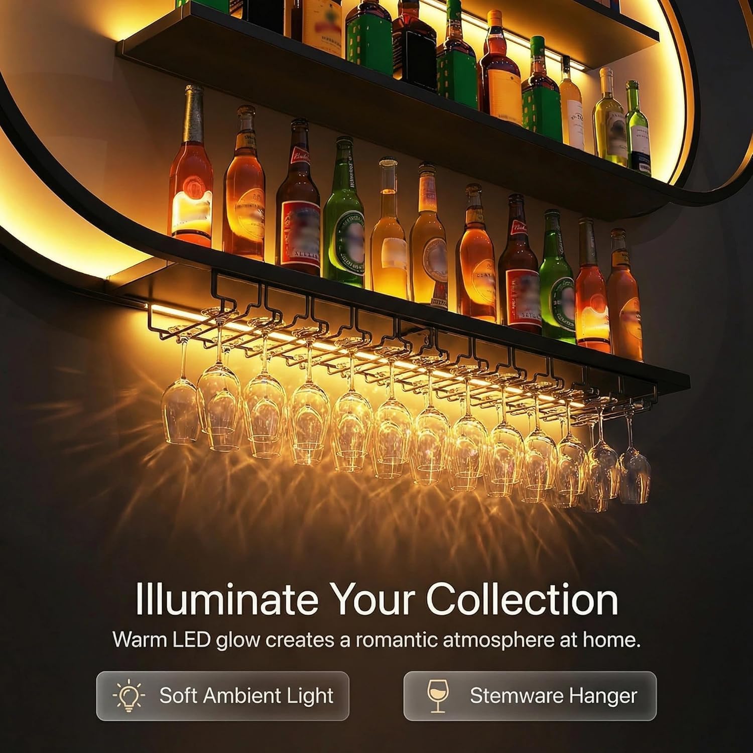 Wine Rack Wall Mounted, 4 Tier Wall Wine Rack with LED Light, Modern Wine Bottle Holder with Wine Glass Hooks, S-shaped Hanging Liquor Storage Display Shelf for Bar (47.24'' * 7.87'' * 59.05'')