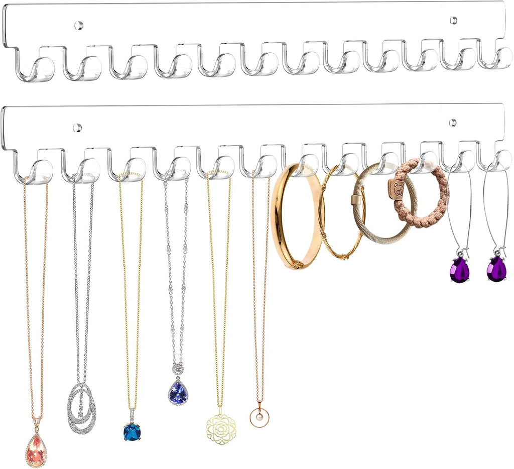 13.8 inch Acrylic Necklace Holder 2 Pack Wall Mounted Necklace Organizer Hanging Jewelry Organizer with 12 Hooks for Necklaces, Bracelets, Rings and Bangles Display