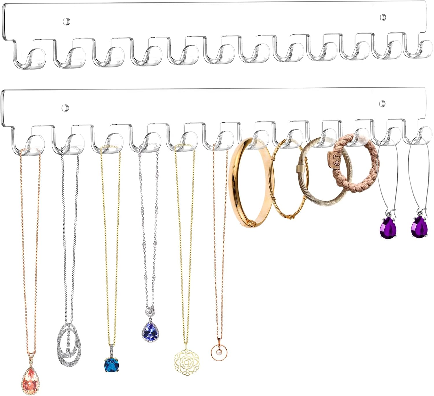 13.8 inch Acrylic Necklace Holder 2 Pack Wall Mounted Necklace Organizer Hanging Jewelry Organizer with 12 Hooks for Necklaces, Bracelets, Rings and Bangles Display