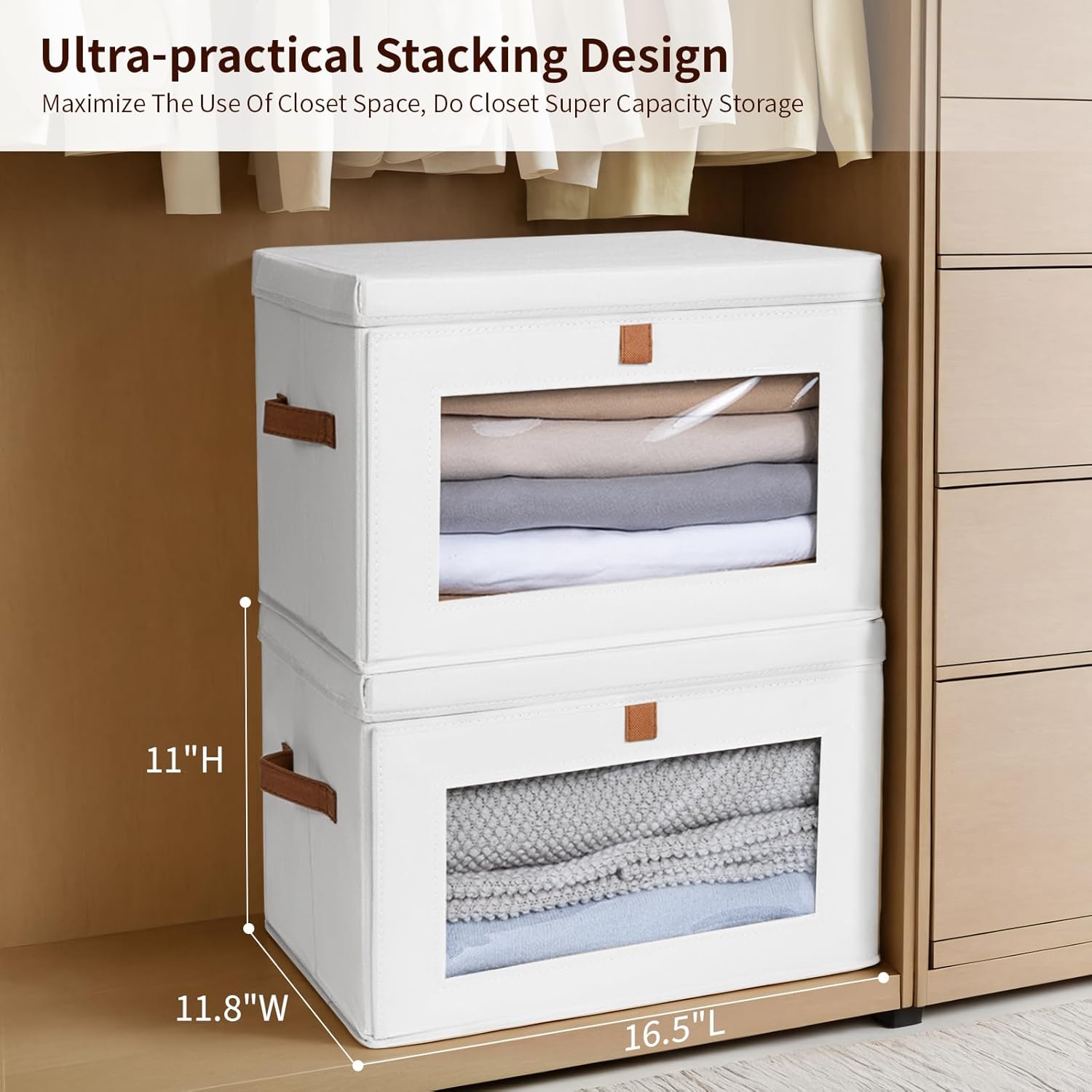 Large Clothing Storage Bins - Collapsible Boxes with Handles & Window, Decorative Organizer Bins with Lids, Fabric Containers for Living Room, Dorm, 2 Pack, White