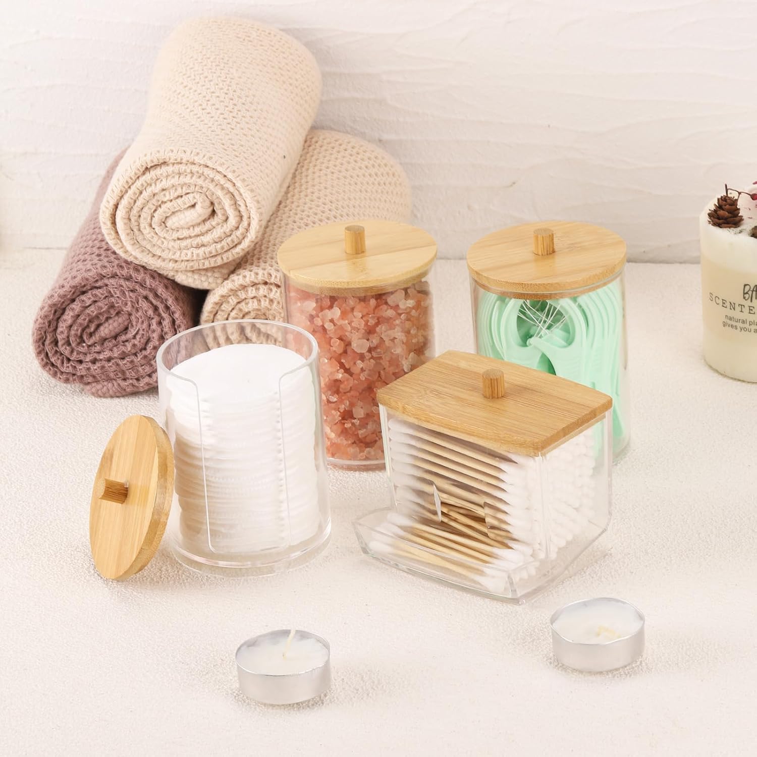 Tbestmax 4 Pack Qtip Holder Bathroom Container, 10/7oz Cotton Ball Cotton Swabs Pads Dispenser, Apothecary Jar with Bamboo Lids for Organizer and Storage (Beige)