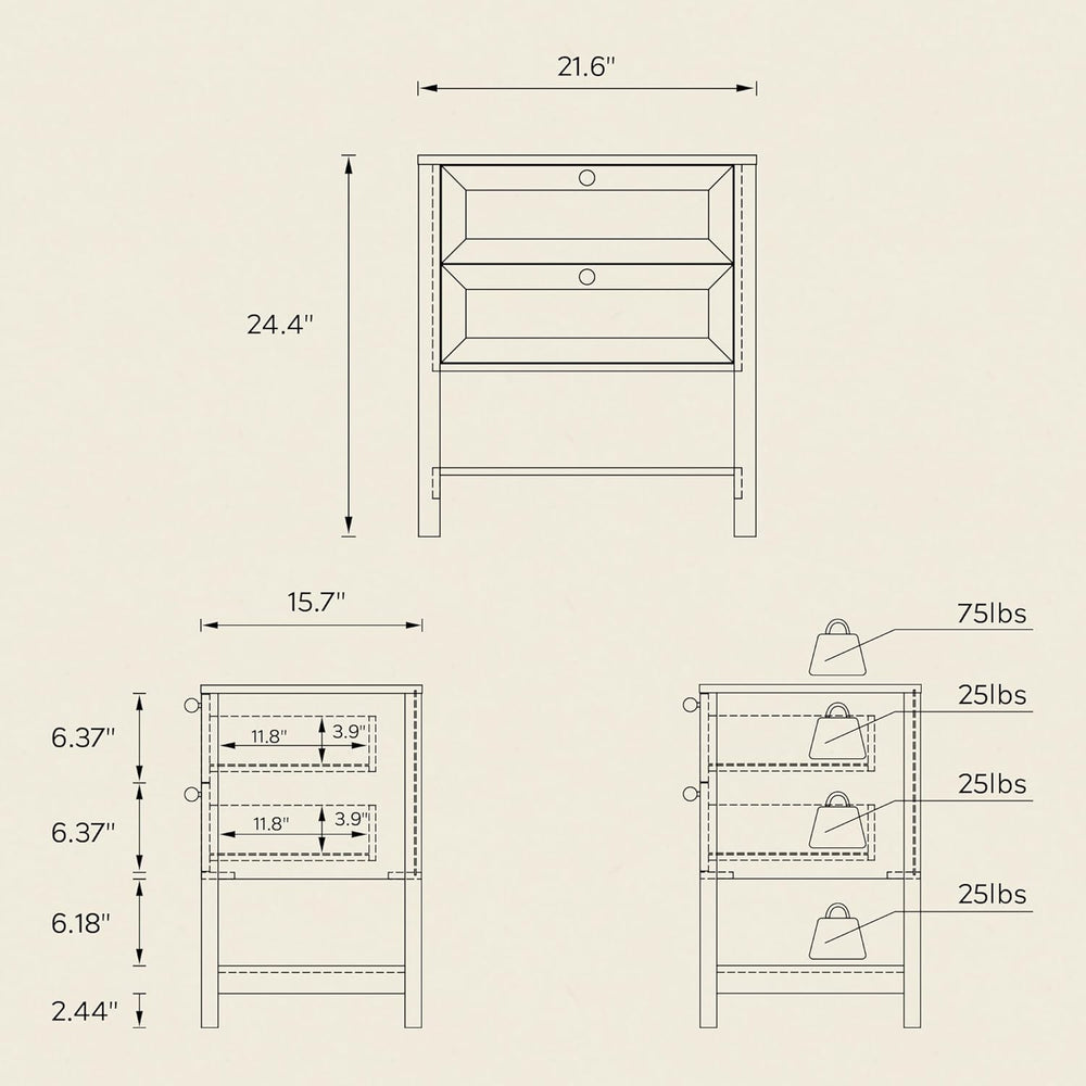 End Table with 2 Drawers, Farmhouse Nightstand with Open Shelf, Modern Bedsid...