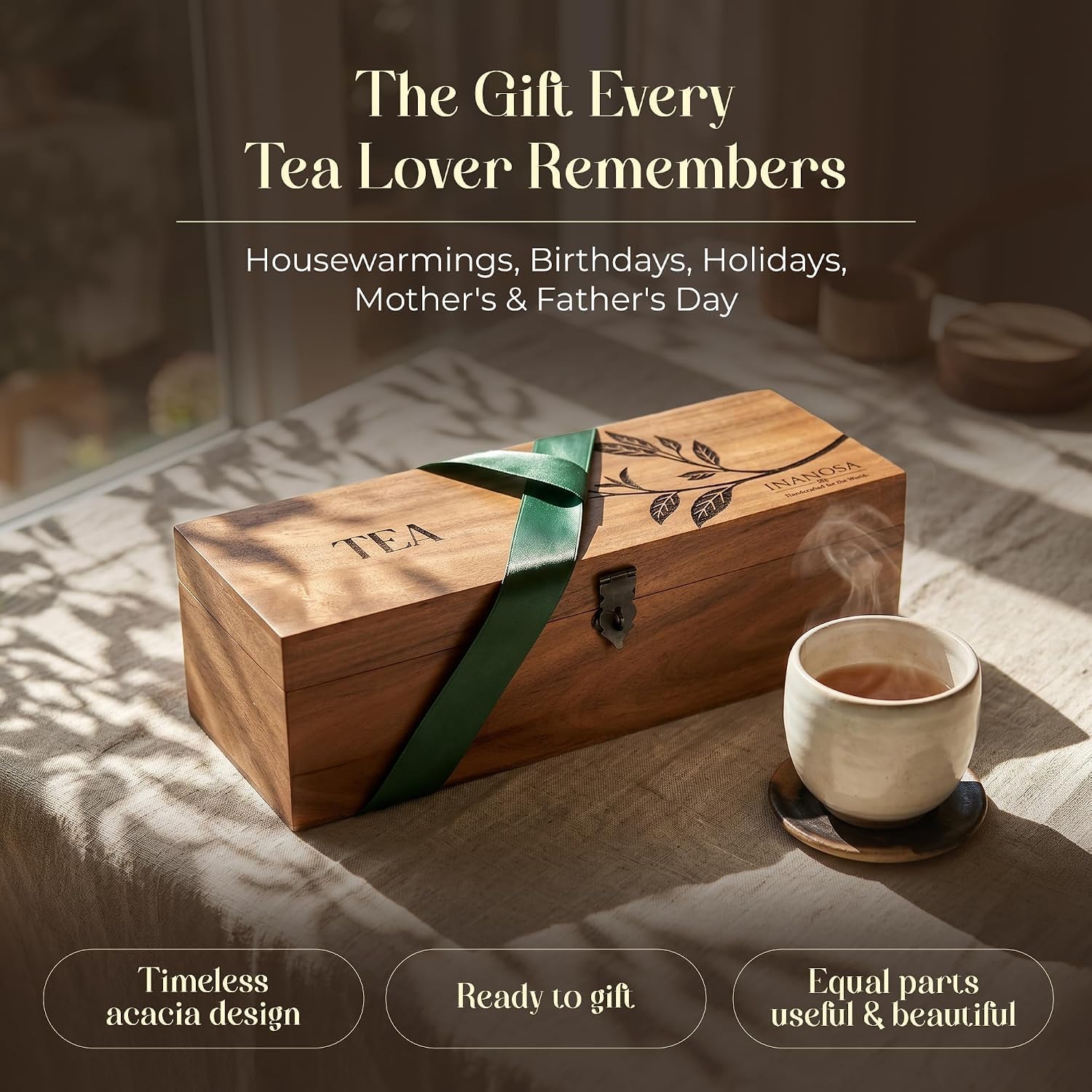 Handmade Acacia Wood Tea Organizer, 4 Compartment Tea Caddy Box with engraving