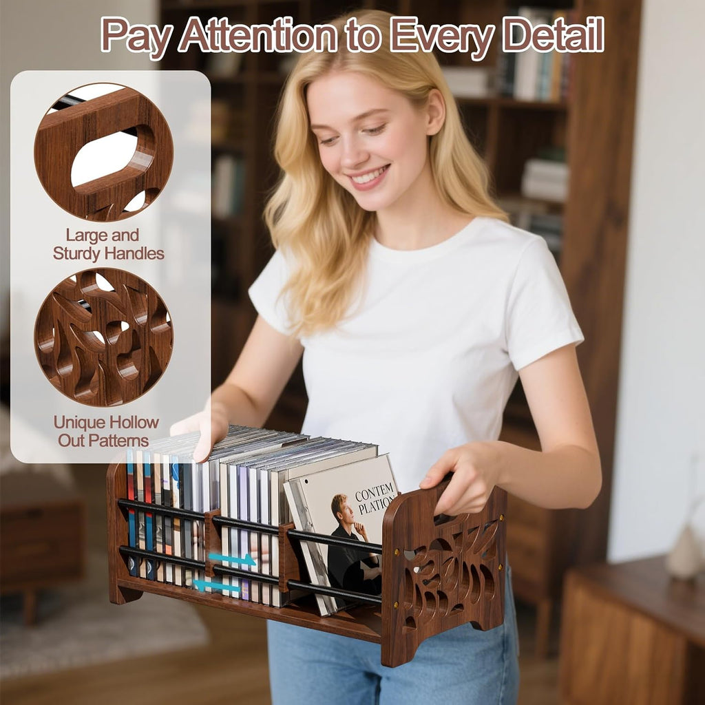 CD Holder,DVD Holder Storage,Wood CD Rack Organizer,DVD Rack,Cassette Tape Storage with Dividers for CDs, DVDS, Tapes,Video Game Cases, Tape Display Stand, Hold 35Pcs