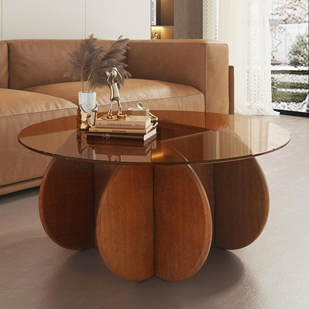 Modern Round Coffee Table with Solid Wood Legs,31.5'' Glass Coffee Ta...