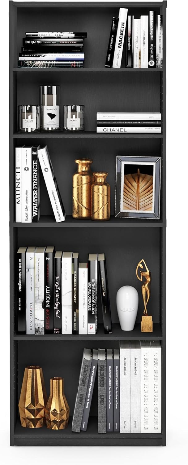 Furinno Jaya Book Shelf, 5-Tier Bookshelf, Bookcase with Adjustable Shelves, 9.5 x 24.5 x 71.2, for Organization and Storage, for Living Room, Bedroom, Home Office, Blackwood