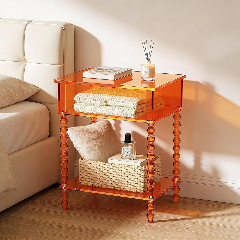 16inch Acrylic End Side Table, 3 Tier Orange End Table with Large Storage Mod...