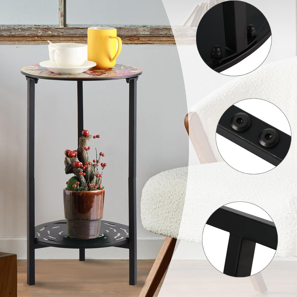 2-Tier Metal Round Side Table Black Accent Coffee Tables Small Space Corner P...