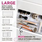 Criusia Large Drawer Organizer Bins 26 Pack | Complete 5 Size Clear Plastic Kitchen Drawer Organizers for Utensils | Bathroom Drawer Organizer Trays | Versatile for Makeup Office Organization