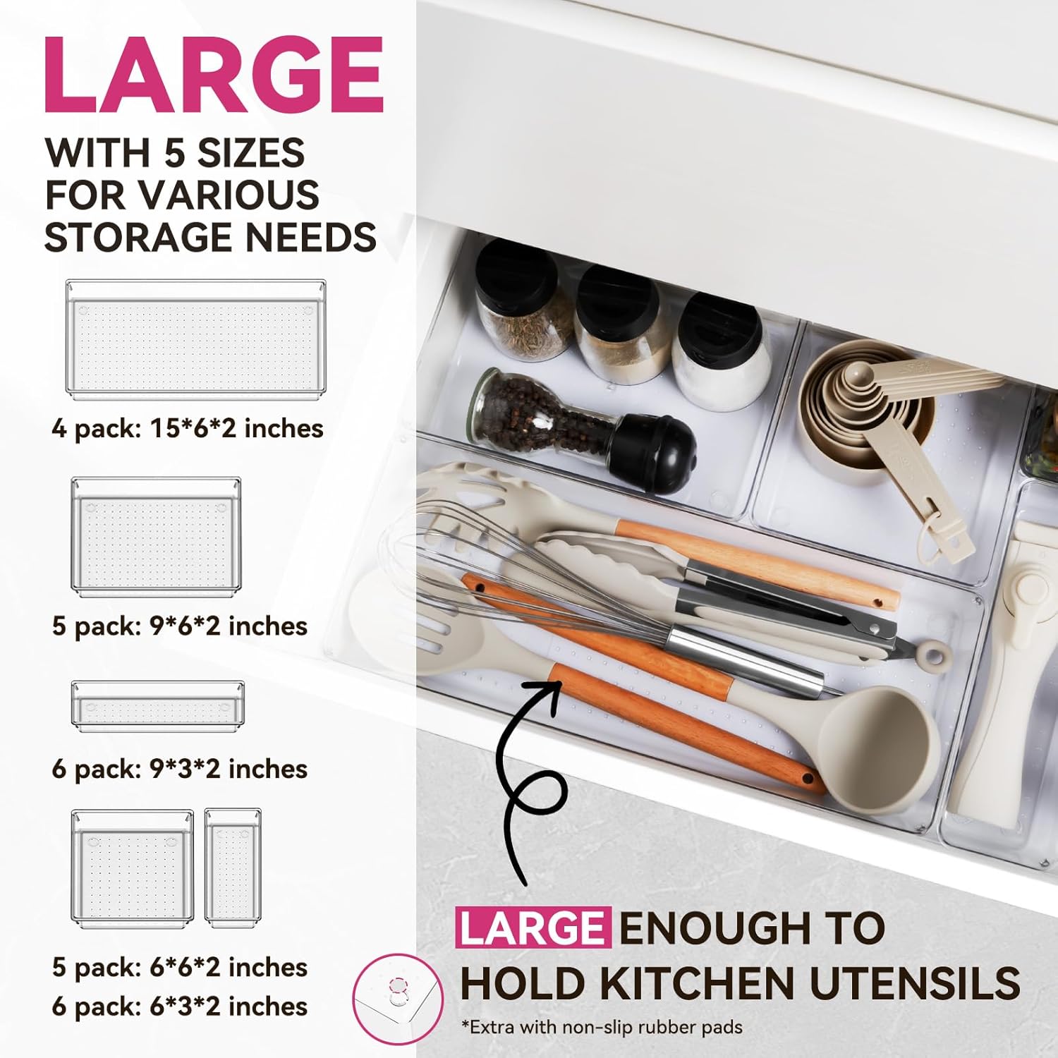 Criusia Large Drawer Organizer Bins 26 Pack | Complete 5 Size Clear Plastic Kitchen Drawer Organizers for Utensils | Bathroom Drawer Organizer Trays | Versatile for Makeup Office Organization