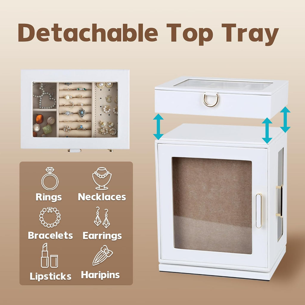 Kendal 360° Rotating Jewelry Box - White PU Leather Jewelry Organizer with Shadow Box & Pinboard, Detachable Top Tray, Drawers & Push Pins for Personalized Accessory Display & Storage
