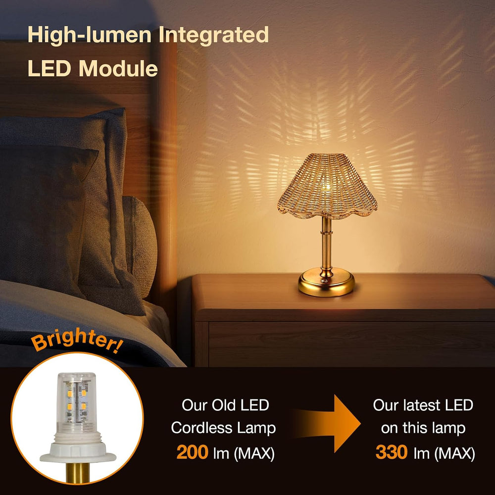 Mini Cordless Boho Rattan Table lamp, 5200-mAh Rechargeable Battery, 3-Level ...
