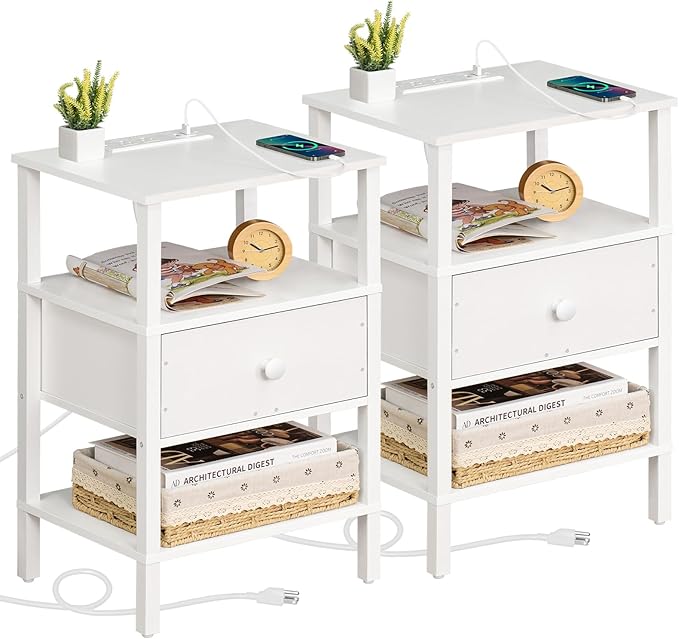 Lerliuo Nightstand Set of 2 with Charging Station and USB Ports, 3-Tier Stora...