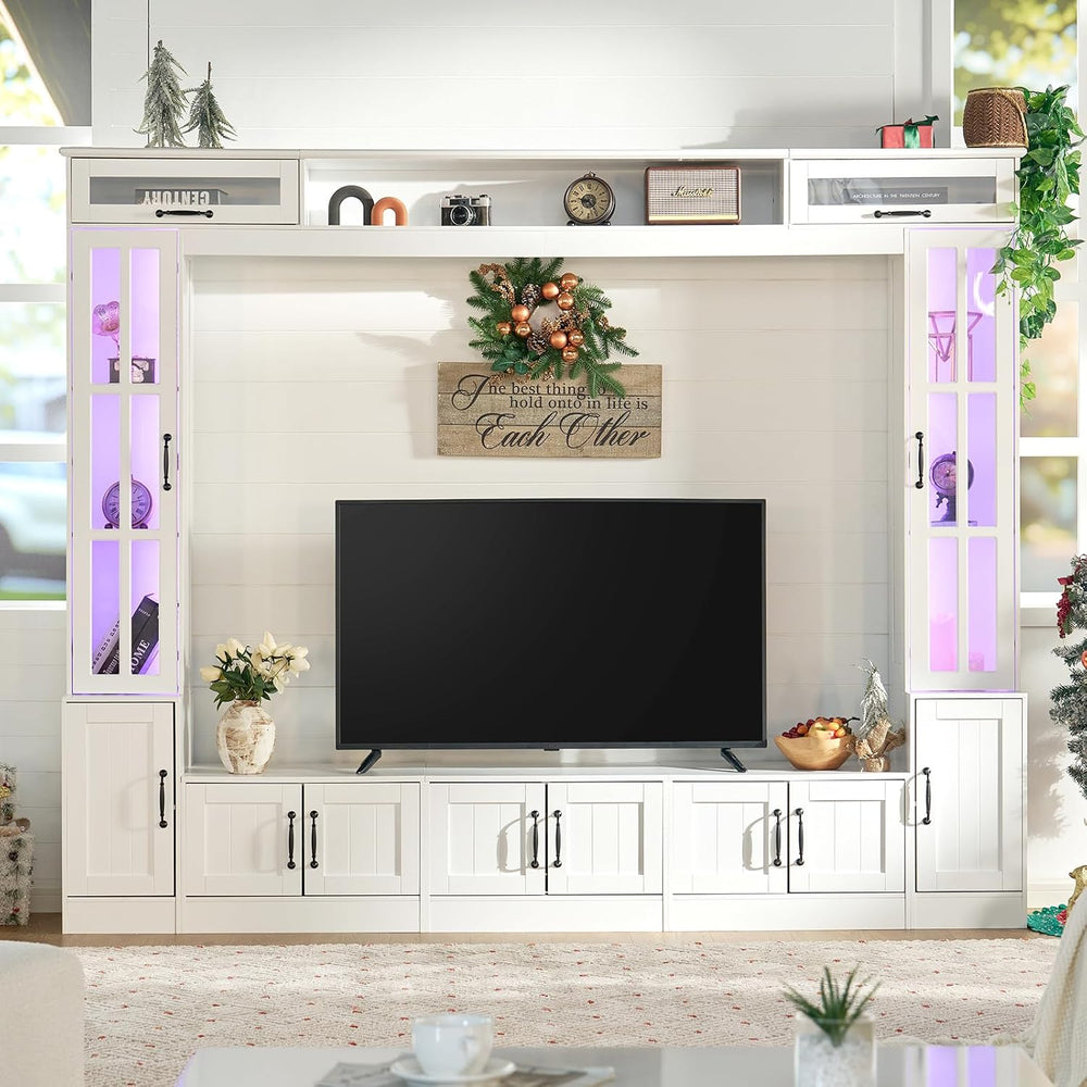 LUXOAK 98" Wide Wall Unit TV Stand with Storage Bookshelves & LED Li...