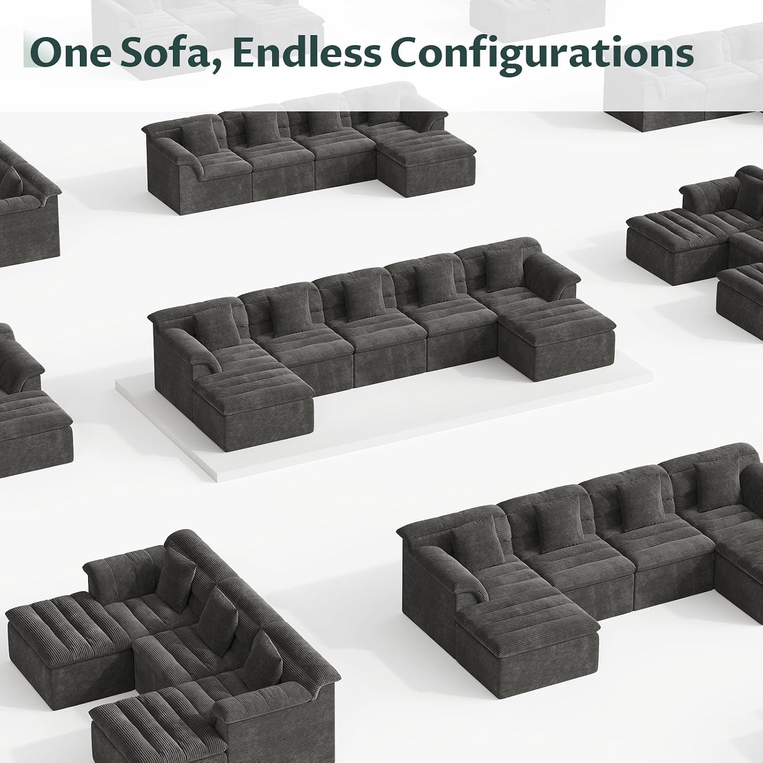 111.8" Modular Sofa with Ottoman, Boneless Cloud Couch with Deep Seat, Comfy U-Shape Corduroy Couches for Living Room, No Assembly Required, Dark Gray
