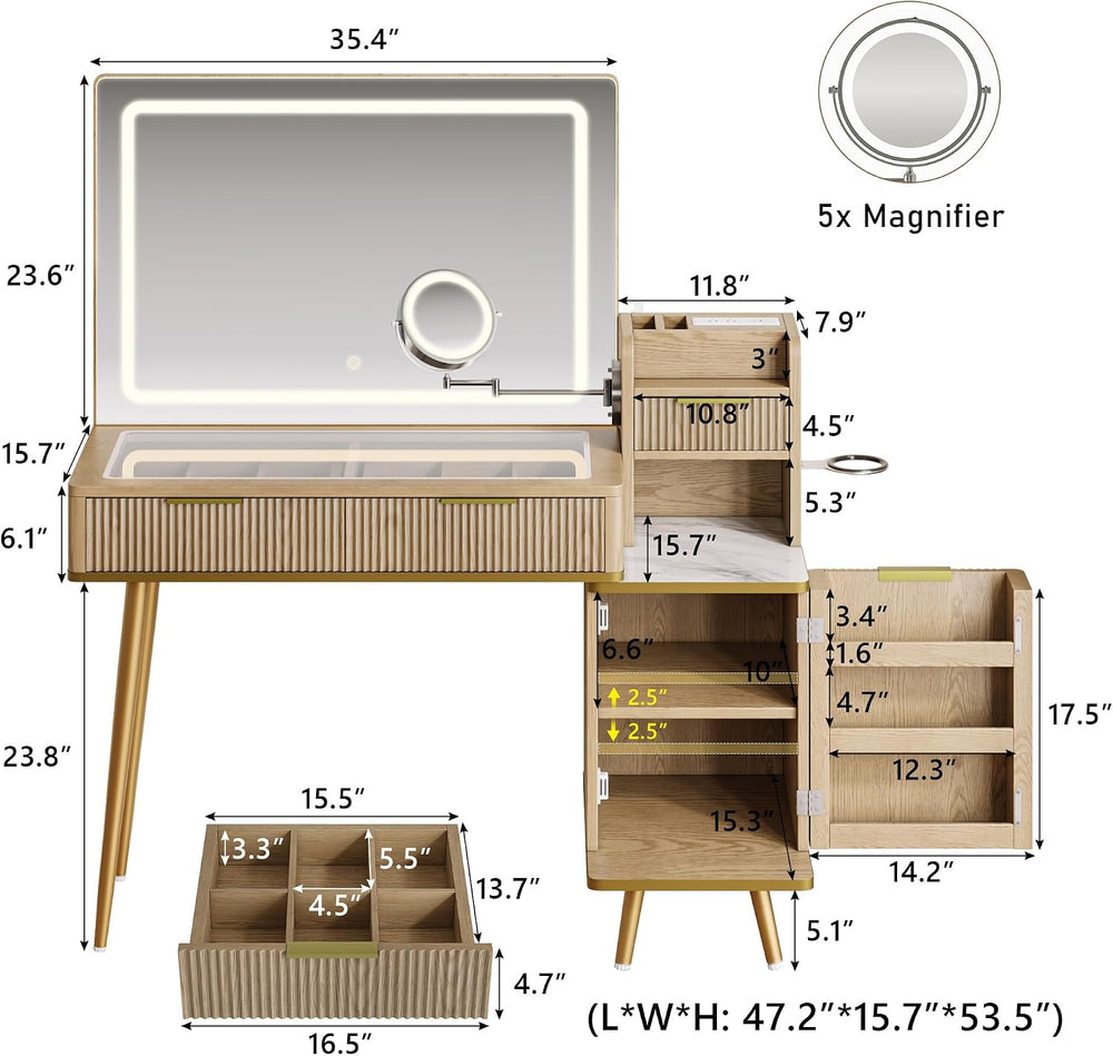 iPormis Makeup Vanity Desk with HD & 5X Mirror and Lights, 47 inch Make u...