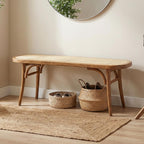 Farmhouse Wood Bench Seat Small Rattan Cane Bench Wicker Bench for End of Bed Living Room Entryway Foyer Indoor, Hand Woven