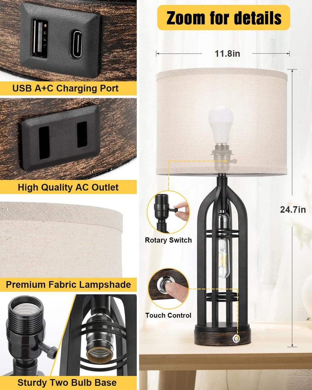 Seealle Table Lamps for Living Room, 3 Way Dimmable Farmhouse Lamp Set of 2
