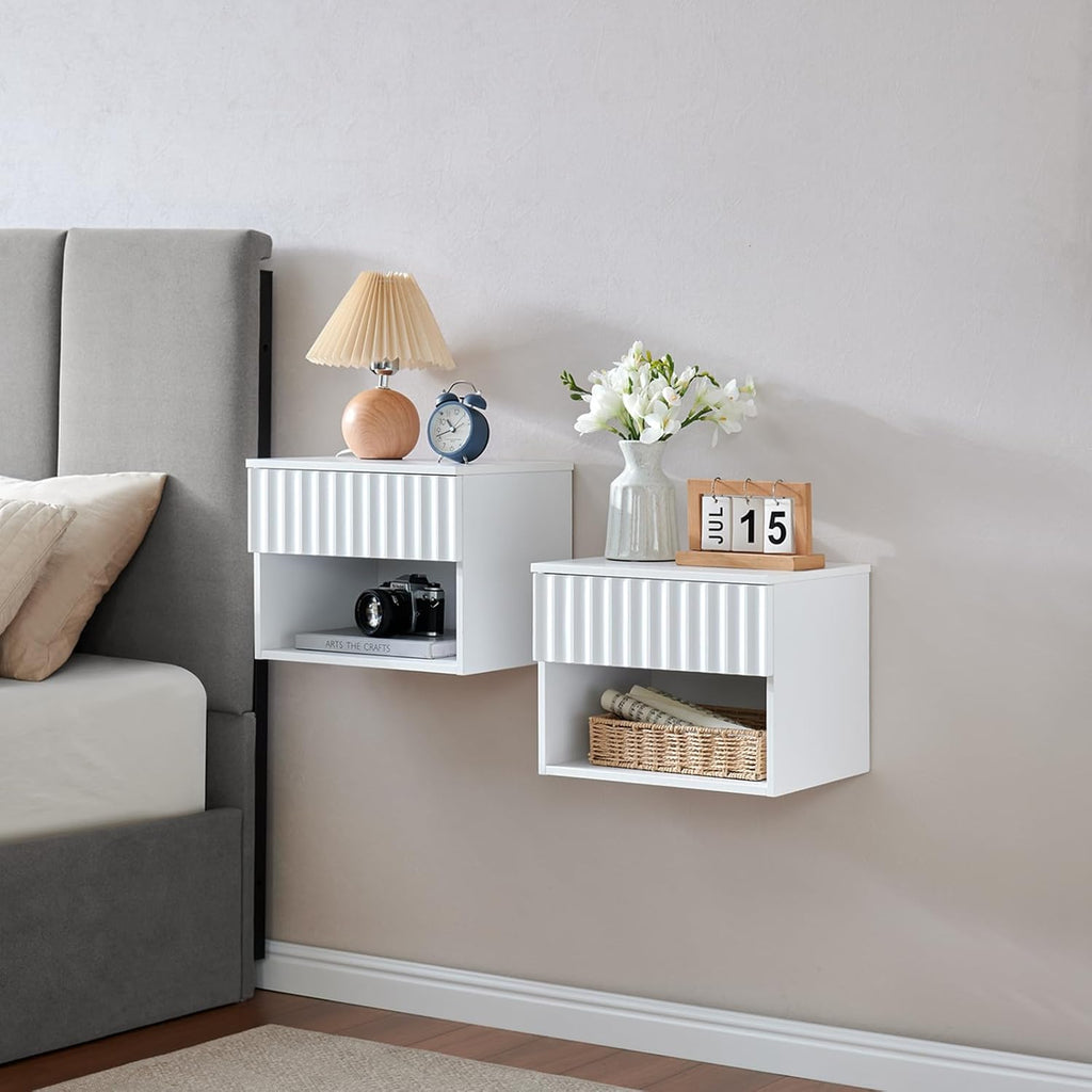 Floating Nightstand with Fluted Drawer - Modern Wall Mounted Bedside Table with Open Storage Shelf, Small Night Stand TV Stand for Bedroom(Matte White, Set of 2)