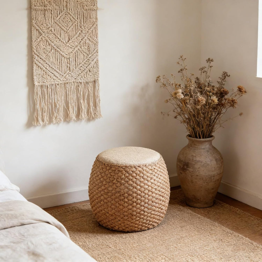 Round Ottoman Natural Seagrass Braided Poof Hand Weaving Round Ottomans Boho ...