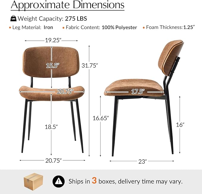 HULALA HOME Dining Chairs Set of 6 Mid-Century Modern Upholstered Kitchen Dining Room Chairs with Wood Curved Backrest, Black Metal Legs Fabric Dinner Chair for Living Room Cafe Restaurant Camel