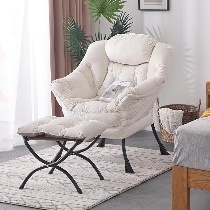 Welnow Lazy Chair with Ottoman, Modern Lounge Accent Chair with Armrests and a Side Pocket, Leisure Sofa Armchair, Reading Armchair with Footrest for Small Space, Beige