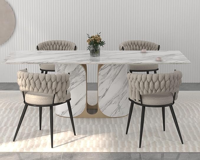 KCC Fabric Dining Chairs Set of 4, Modern Dining Chair with Metal Legs, Woven Upholstered Dining Chairs for Dining Room, Kitchen, Vanity, Living Room (Beige)