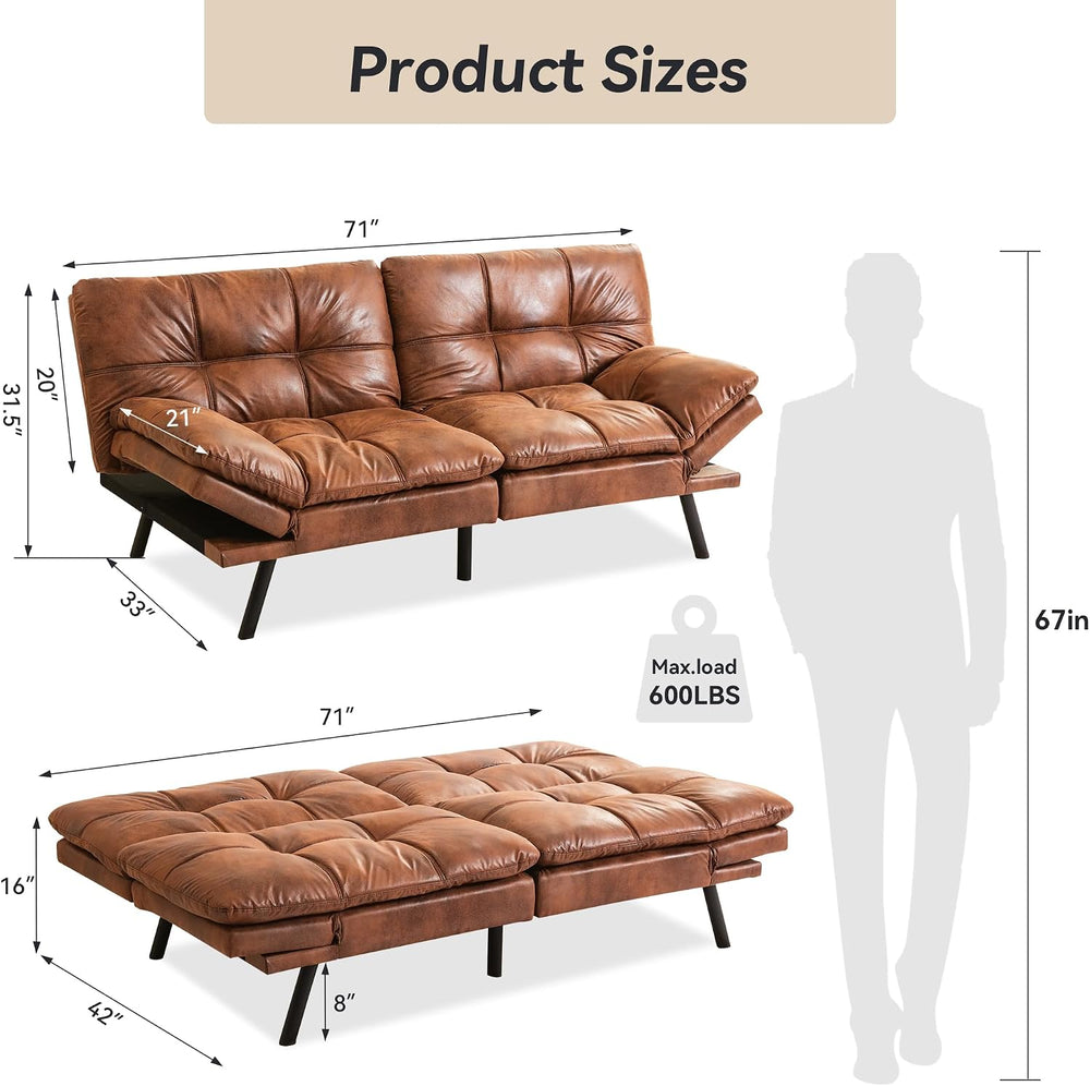 71" Convertible Futon Sofa Bed,Brown Faux Leather Futon Couch,Memory Foa...