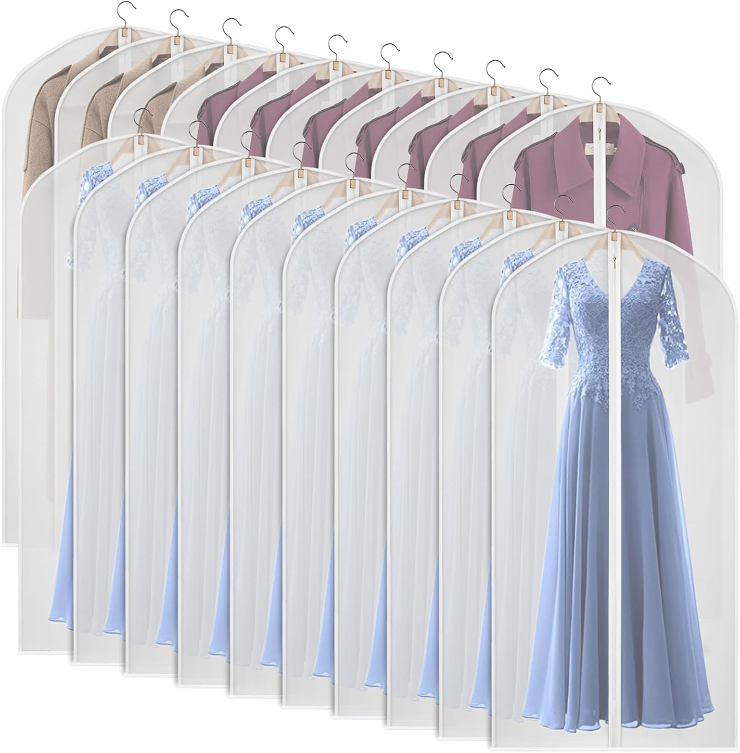 60 Inch Garment Bags 20 Pack Dress Bags for Gowns, Closet Storage | Translucent, Dust-Proof, Suit Protector Cover, Strong Zipper, For Hanging Clothes, Long Dresses, Suit, Coat