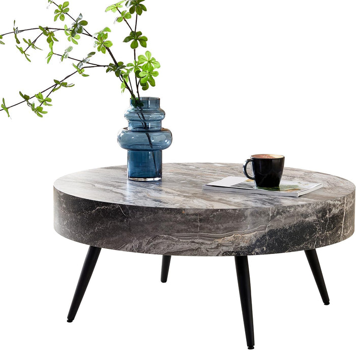 Round Coffee Table, Small Wood Marble Coffee Table with Metal Legs, Modern Mid Century Circle Tables Accent Center Tables for Living Room Apartment Small Space (31.5''D-Marble Grey)