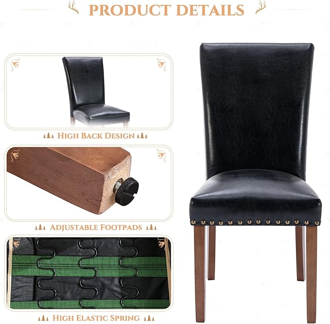 Parsons Dining Chairs Set of 6, Upholstered Nailhead PU Leather Dining Room Kitchen Side Chair with Thick Cushions and Wood Legs, Black