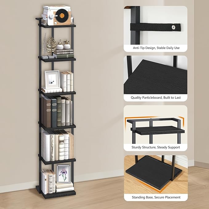 Bookshelf, 6-Tier Bookcase, Vertical Tall Narrow Book Shelf for Small Space, Open Storage Display Shelf with Stable Base & Anti-Tip Kits, for Living Room, Office, Study, Black BKBK11601