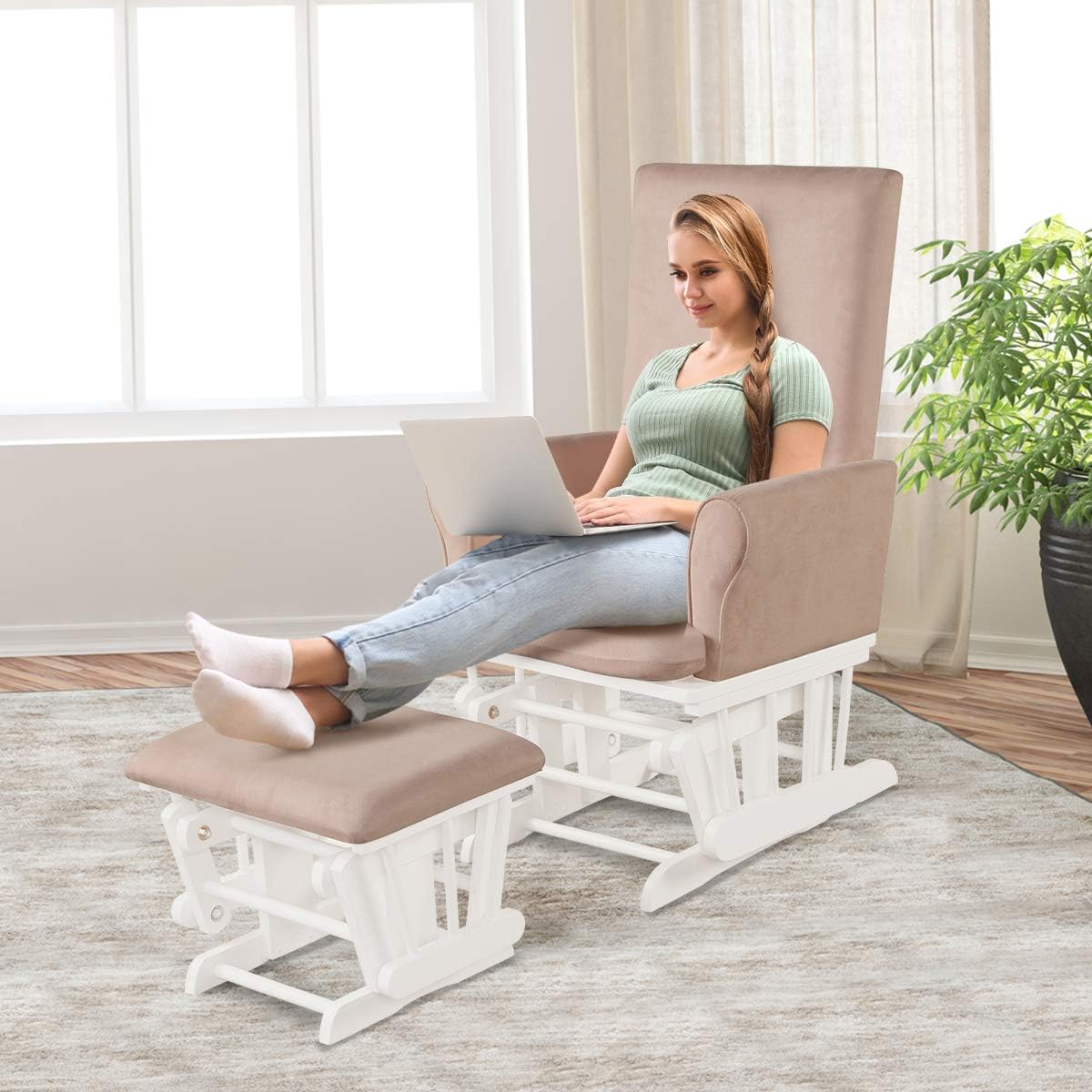 Costzon Baby Glider and Ottoman Cushion Set, Wood Baby Rocker Nursery Furniture for Napping, Nursing, Reading, Upholstered Hoop Glider & Ottoman Comfort Nursery Chair w/Padded Armrests (Pink)