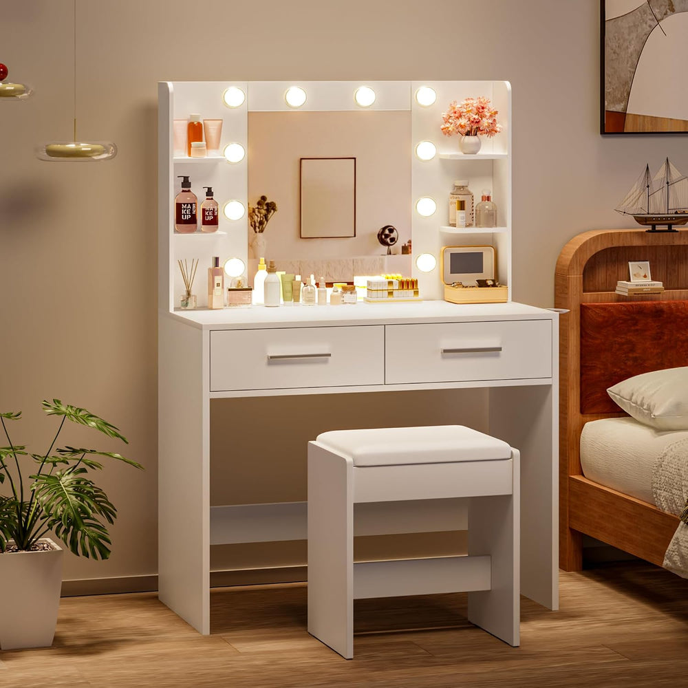 YESHOMY Vanity Desk with Mirror, Makeup Table, Milk White | 2 Large Drawers, ...