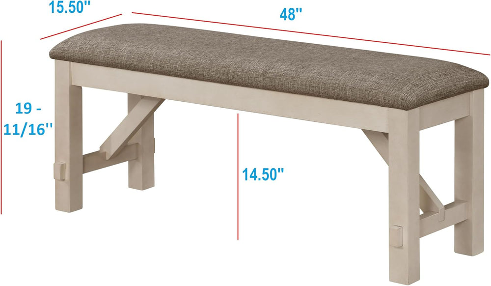 Dining Bench 48 Inch Upholstered Seat Cottage Style Chalk Gray Finish Cream F...