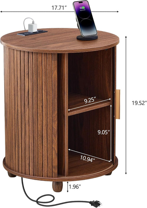 18 Inch Nightstands Set of 2, Fluted Round Wood Nightstand with Charging Station, Small End Table for Living Room, Sliding Door Round Side Table with Storage for Bedrrom (18 inch, Walnut)