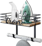 TJ.MOREE Hanger wall mount - Laundry Room Iron and ironing board Holder, Metal with Large Storage Wooden Base Basket and Removable Hooks (Black)